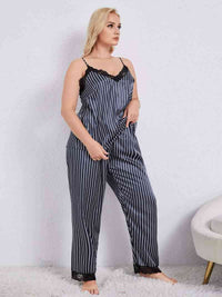 100% Satin Pajamas Plus Size Vertical Stripe Lace Trim Cami and Pants Pajama Set Luxury