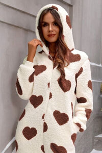 Fuzzy Heart Zip Up Hooded Lounge Pajama Adult Valentines Onesie Jumpsuit Fuzzy Pajamas