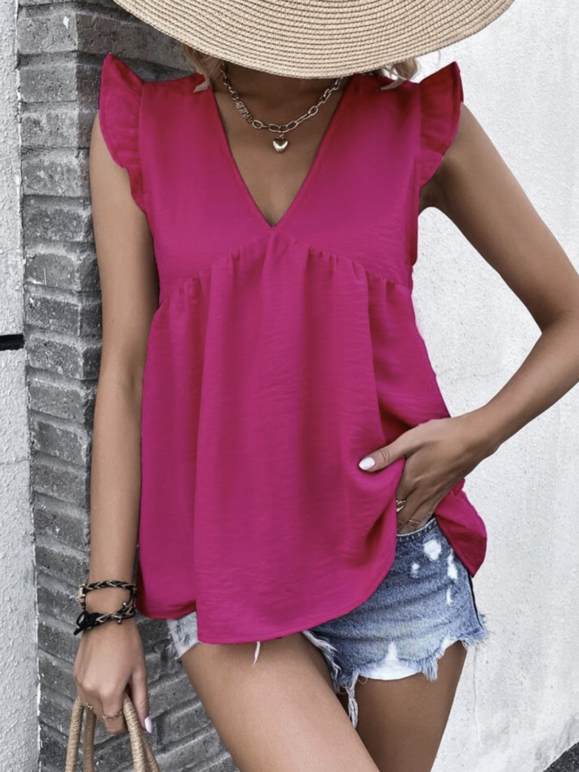 Ruffled V-Neck Cap Sleeve Blouse