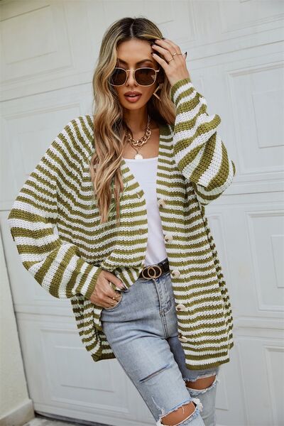 Striped Button Up Long Sleeve Cardigan Women’s Open Sweater