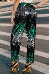 Womens Sparkly Pants Sequin Contrast High Waist Pants