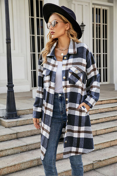 Plaid Button Up Collared Neck Coat Jacket Long Sleeve Button Down Shirt with Pockets