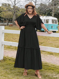 Plus Size Dress, Tassel Trim V-Neck Short Sleeve Ruffle Hem Dress