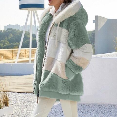 Color Block Zip-Up Hooded Faux Fur Jacket