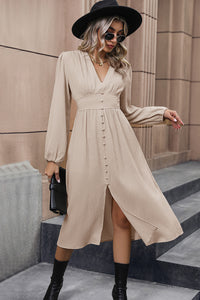 Womens Casual Khaki Nude Long Sleeve V-Neck Buttoned Slit Midi Dress