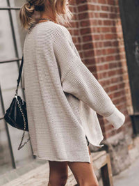 Openwork Round Neck Long Sleeve Slit Oversized Fashion Sweater