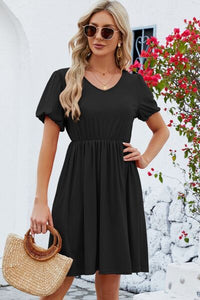 Womens V-Neck Balloon Short Sleeve Dress