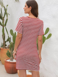 Casual Shirt Dress Women's Fashion Cutout Striped Round Neck Short Sleeve Dress