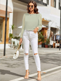 Solid Color Long Sleeve Shirt Women's Fashion Top Round Neck Balloon Sleeve Blouse