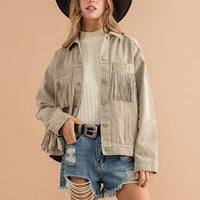 Fringe Denim Jacket Detail Dropped Shoulder Pink Shacket