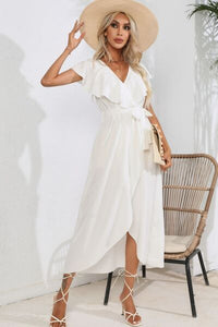 Ruffled Waist Tied V-Neck Midi Maxi Dress Casual Womens Fashion