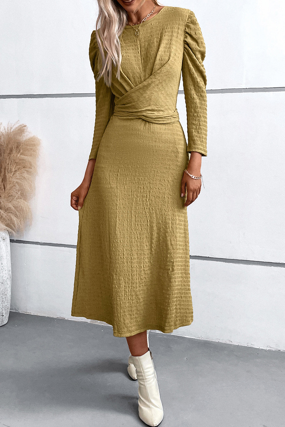 Crisscross Tied Puff  Casual Long Sleeve Midi Dress