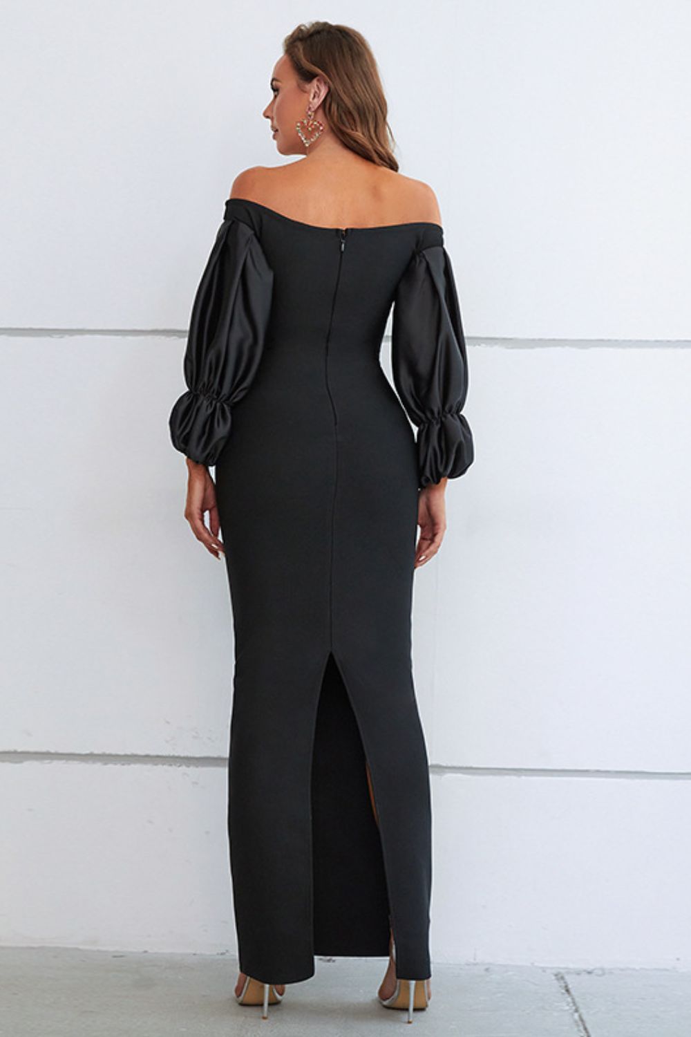 Off-Shoulder Bubble Sleeve Slit Evening Maxi Dress