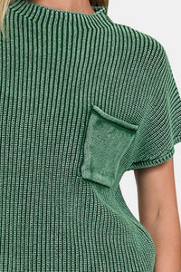 Women's Short Sleeve Cotton Shirt Ribbed Green Washed Mock Neck Pocketed Short Sleeve Sweater