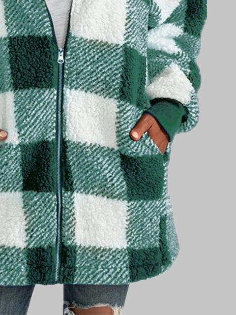 Checkered Plaid Zip-Up Hooded Jacket with Pockets