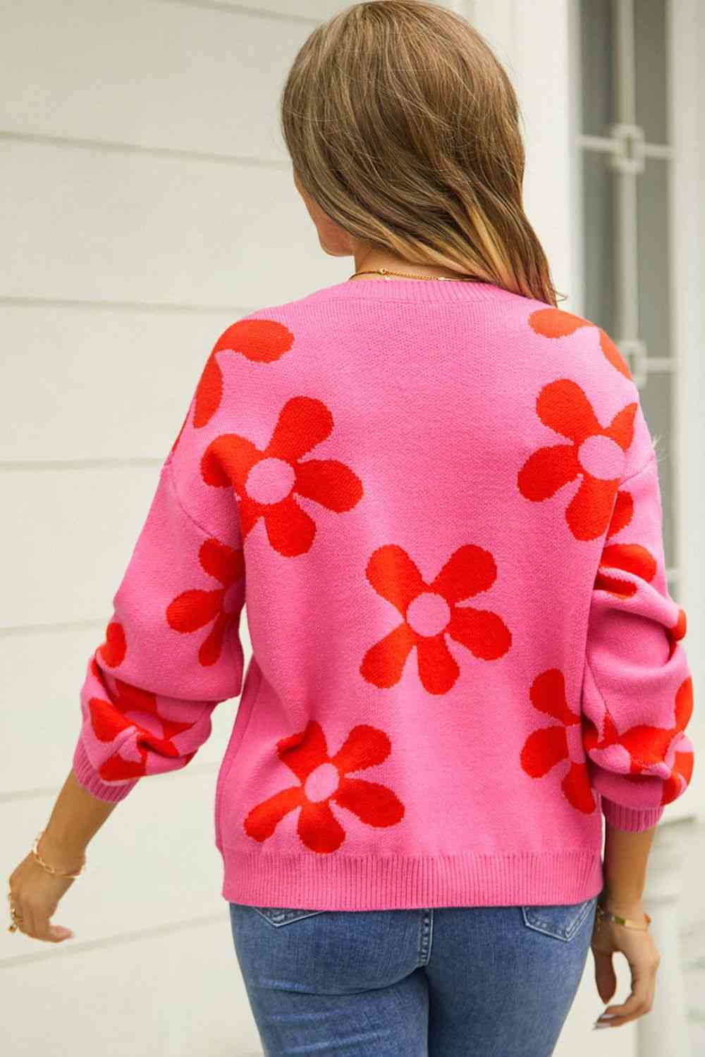 Floral Print Round Neck Dropped Shoulder Pullover Fashion Sweater