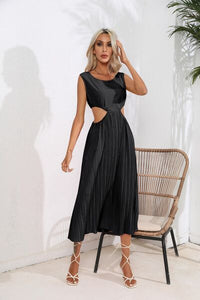 Waist Cutout Ruched Round Neck Pleated Dress Women's Fashion Long Casual Tank Top Dress