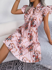 Pleated Floral Printed Tie Neck Knee Length  Short Sleeve Dress