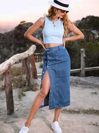 Women's Jean Denim Skirt Button Down High Slit Versatile Fashion Cotton