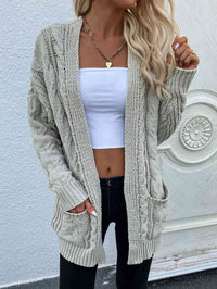 Woven Right Cable-Knit Open Front Cardigan with Front Pockets