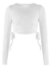 Long Sleeve Crop Top Women's Fashion Sexy Drawstring Solid Color Round Neck Long Sleeve T Shirt, KESLEY