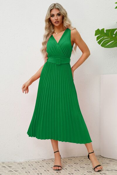 Women's Surplice Sleeveless Midi Pleated Dress