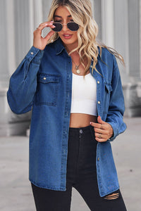 Collared Neck Dropped Shoulder Denim Top