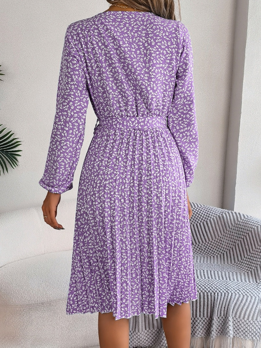 Ditsy Floral Tie Waist Pleated Long Sleeve Dress Women's Casual Wear and Workwear Fashion