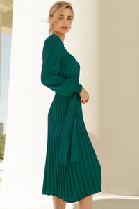 Womens Casual Dress Round Neck Long Sleeve Pleated Sweater Midi long Dress