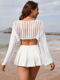 Crochet Crop Top Sweater Openwork Boat Neck Long Sleeve Bikini Cover-Up Top KESLEY