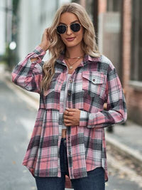 Plaid Button Up Dropped Shoulder Long Sleeve Shirt