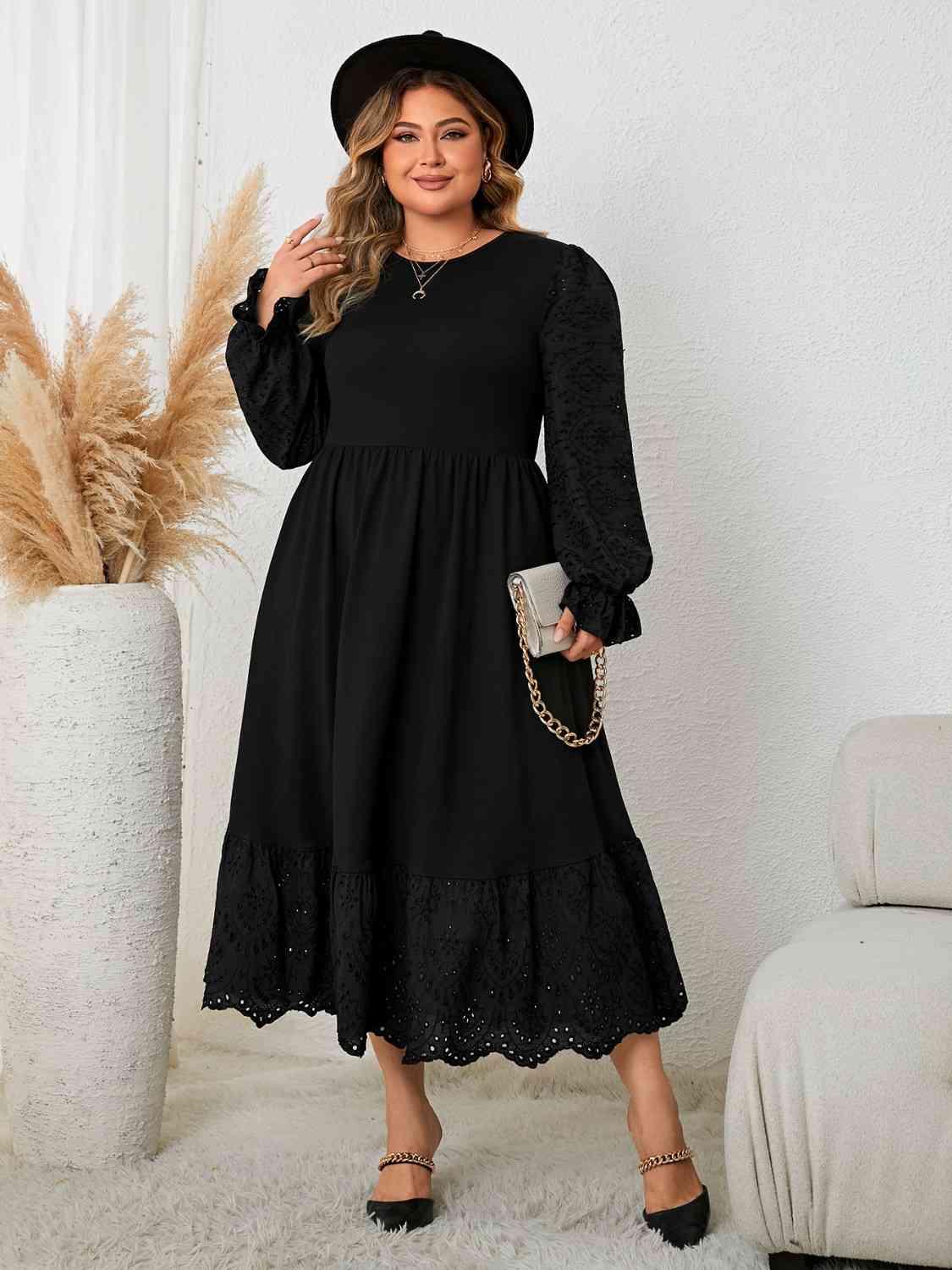 Black Long Sleeve Casual Plus Size Flounce Sleeve Lace Detail Dress