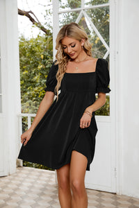 Casual Day Dress Women's Fashion Ruched Square Neck Flounce Sleeve Mini Dress