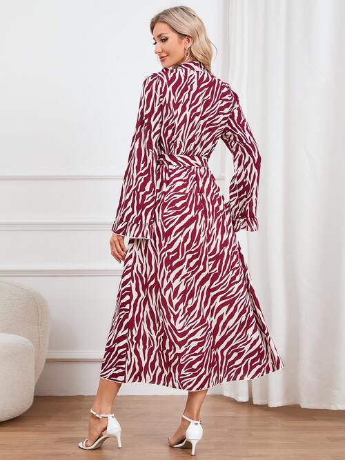 Animal Print Tie Front Ruffle Trim Long Sleeve Casual Maxi Midi Dress