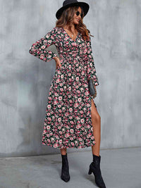 Floral V-Neck Slit Long Sleeve Midi Dress