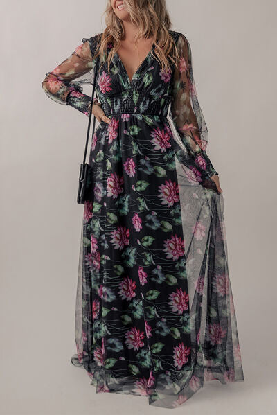 Somcked Floral V-Neck Long Sleeve Maxi Dress