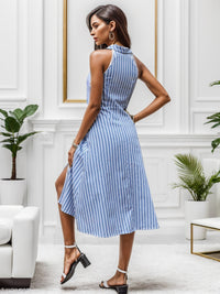 Pinstripe Collar Shirt Dress Women's Fashion Casual Work Attire Slit Striped Sleeveless Midi Dress