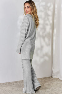 Matching Fashion Set  Ribbed High-Low Long Sleeve T-Shirt and Wide Leg Pants Set Casual Wear and Loungewear