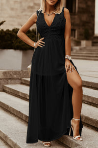 Lace Detail V-Neck Chiffon Maxi Dress High Slit New Women's Fashion Cotton Long Dresses Casual and Evening Wear