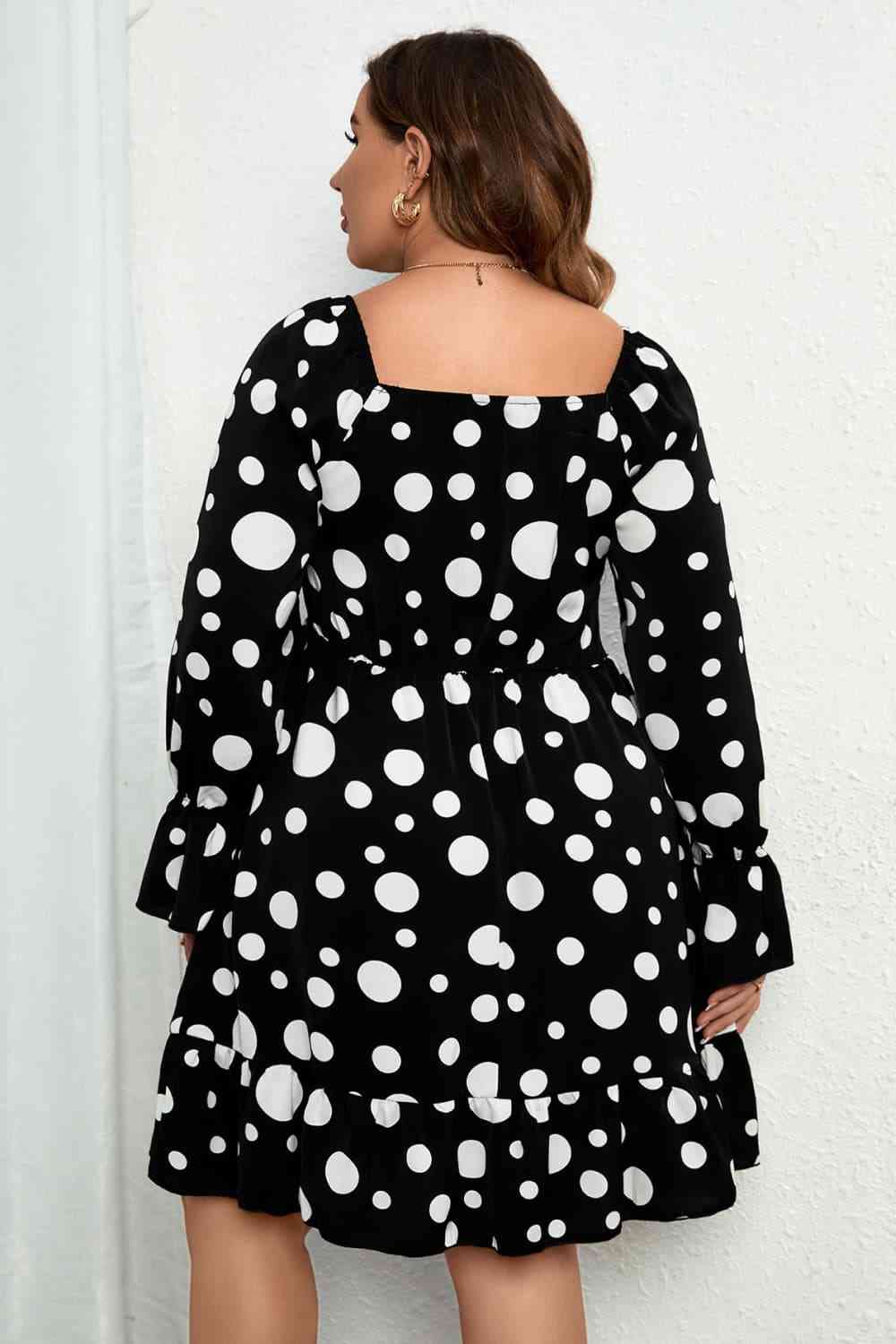 Plus Size Polka Dot Sweetheart Vacation Neck Flounce Sleeve Mini Dress