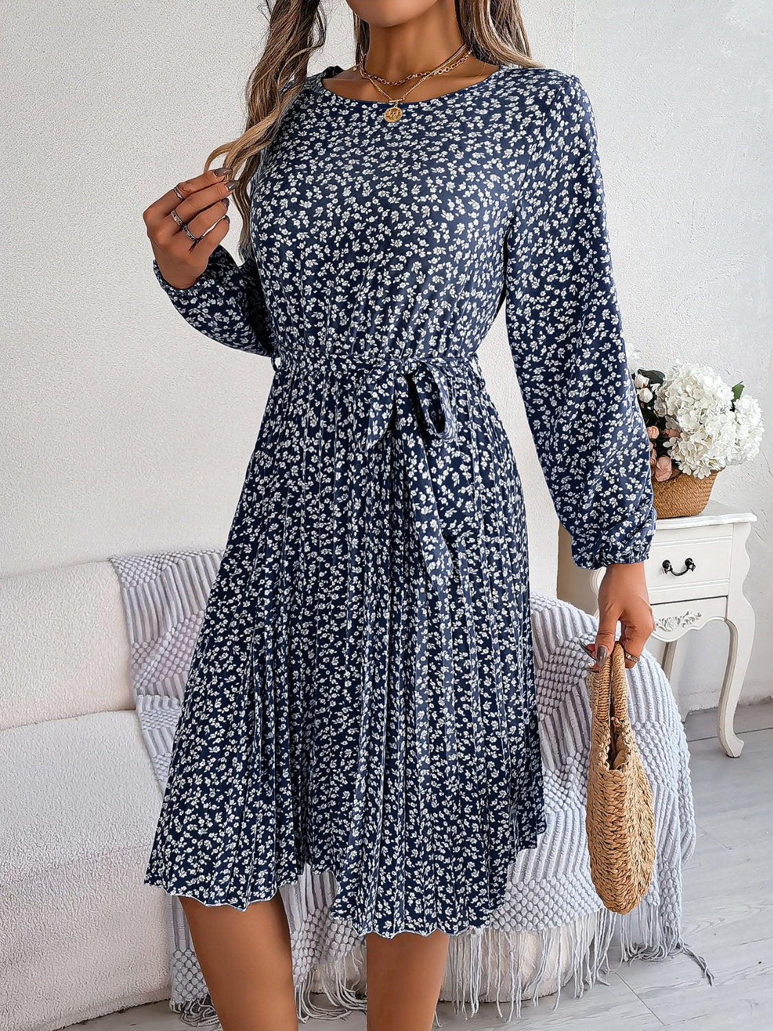 Ditsy Floral Tie Waist Pleated Long Sleeve Dress Women's Casual Wear and Workwear Fashion