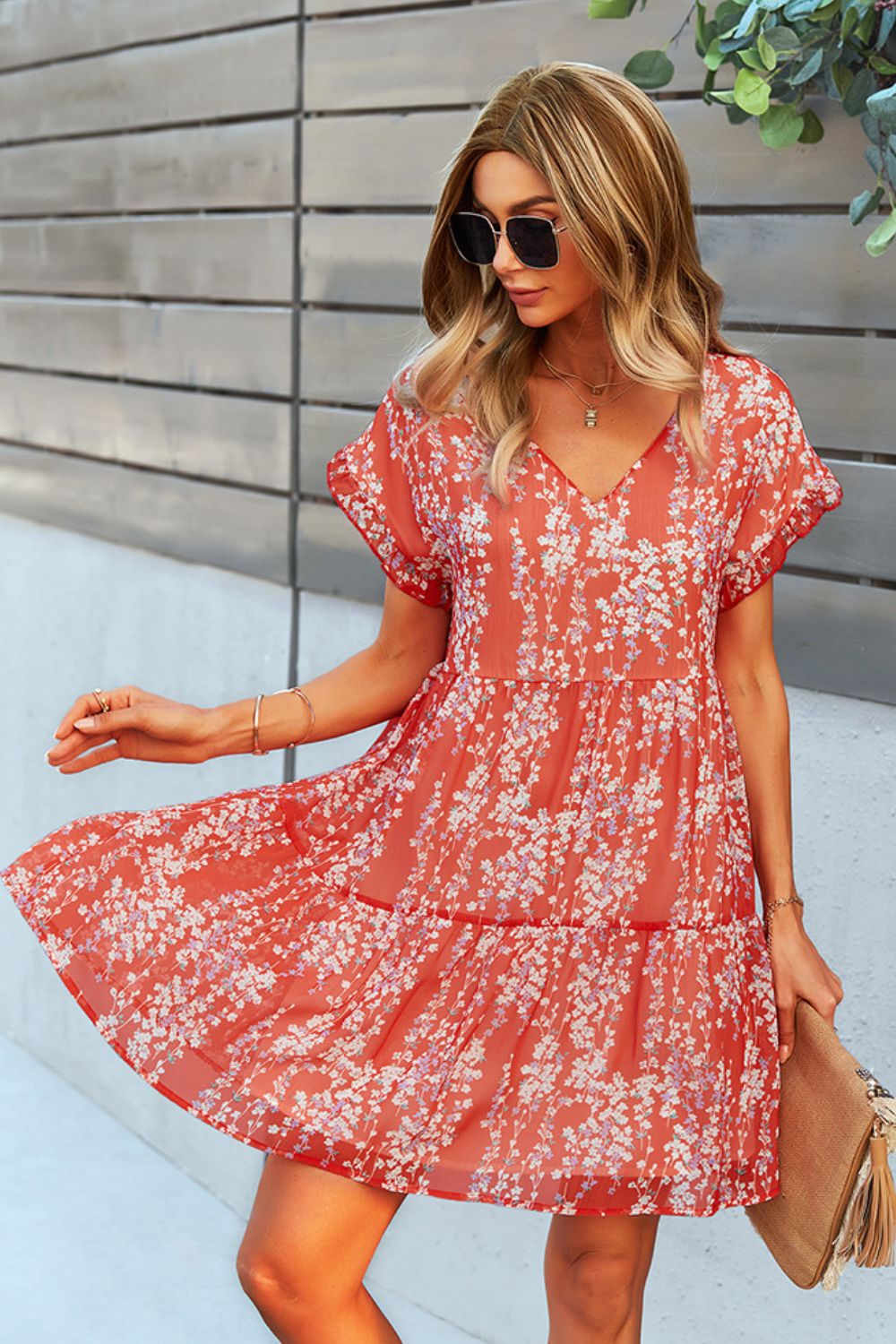 Printed V-Neck Short Sleeve Tiered Casual Dress