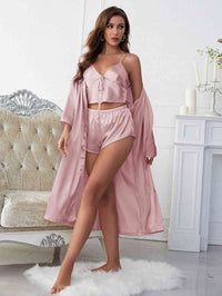 Women's Satin Pajamas V-Neck Cami Shorts and Belted Robe Pajama Set Real Satin