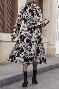 Floral Balloon Sleeve Tied Long Sleeve Casual Midi Dress