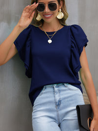 Round Neck Flounce Sleeve Blouse Solid Color Women's Short Sleeve Top