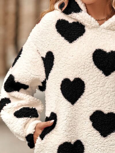 Fuzzy Heart Pocketed Dropped Shoulder Fashion Sweater Hoodie