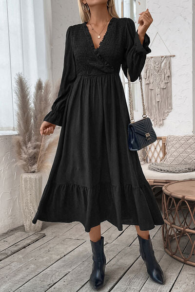 Smocked Surplice Flounce Long Sleeve Midi Dress New WOMENS FASHION