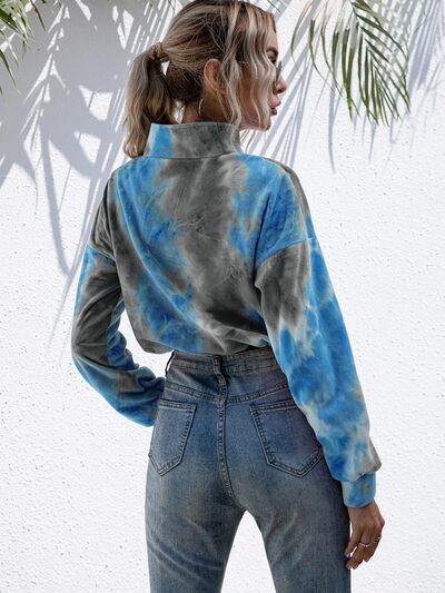 Women's Tie-Dye Sweater Cropped Quarter Zip Dropped Shoulder Fashion Sweatshirt