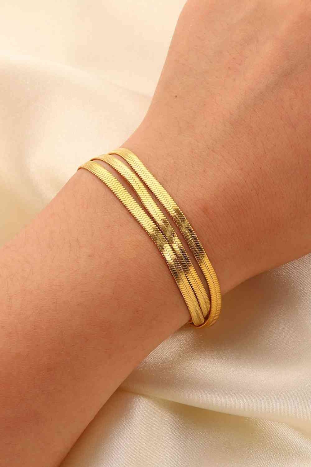 Herringbone Layered Bracelet Triple-Layered Snake Chain Flat Chain 18K Gold Plated Bracelets