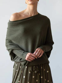 Women's Knit Top Off The Shoulder Casual Boat Neck Batwing Sleeve Sweater Top